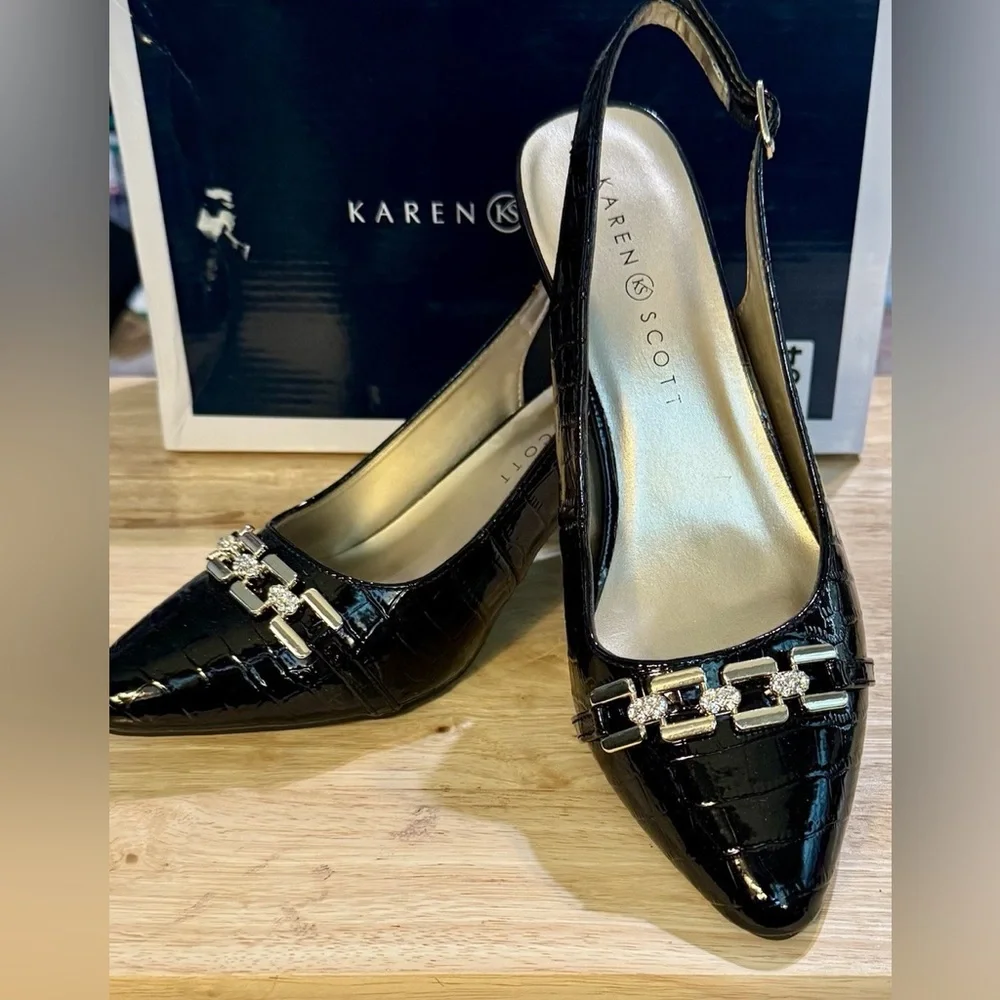 Karen Scott Black Heels with Chain Embellishment Gildyy slingback pumps size 6 - Picture 2 of 10